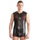 Black imitation leather shirt with powernet inserts and full-length padded zip. There are stitched tucks on the powernet inserts at the front. Powernet at the back. There are straps over the shoulders with D-shaped rings