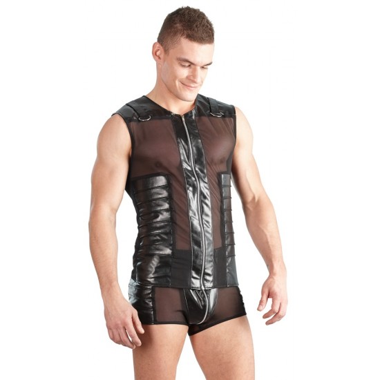 Black imitation leather shirt with powernet inserts and full-length padded zip. There are stitched tucks on the powernet inserts at the front. Powernet at the back. There are straps over the shoulders with D-shaped rings