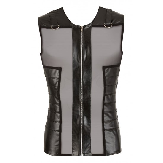 Black imitation leather shirt with powernet inserts and full-length padded zip. There are stitched tucks on the powernet inserts at the front. Powernet at the back. There are straps over the shoulders with D-shaped rings