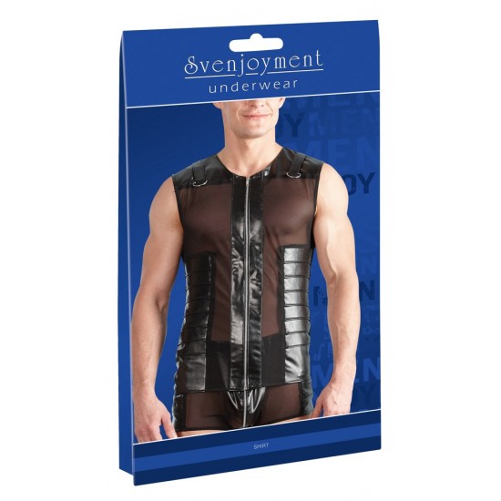 Black imitation leather shirt with powernet inserts and full-length padded zip. There are stitched tucks on the powernet inserts at the front. Powernet at the back. There are straps over the shoulders with D-shaped rings