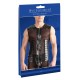 Black imitation leather shirt with powernet inserts and full-length padded zip. There are stitched tucks on the powernet inserts at the front. Powernet at the back. There are straps over the shoulders with D-shaped rings