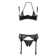 A 3-piece seducer: underwired ¼ cup bra with padded cups, suspender belt, crotchless string. Bra and suspender belt with hook closure in the back. Adjustable shoulder and suspender straps. Mix of powernet and floral lace