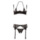 A 3-piece seducer: underwired ¼ cup bra with padded cups, suspender belt, crotchless string. Bra and suspender belt with hook closure in the back. Adjustable shoulder and suspender straps. Mix of powernet and floral lace