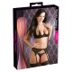 A 3-piece seducer: underwired ¼ cup bra with padded cups, suspender belt, crotchless string. Bra and suspender belt with hook closure in the back. Adjustable shoulder and suspender straps. Mix of powernet and floral lace
