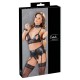 Conjunto com acessórios de bondage!Sutiã sem fio com bainha de renda de 7 cm de largura e copas que podem ser fechadas e desamarradas com botões de pressão. Um cinto suspenso largo com um cordão sem virilhas costurado. O