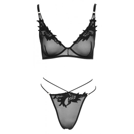 Conjunto sedutor perfeitamente coordenado! Sutiã e riostring da Cottelli LINGERIE confeccionados em powernet elástico com preciosos bordados nas copas e na frente do cordão, além de detalhes em argolas douradas. Sutiã