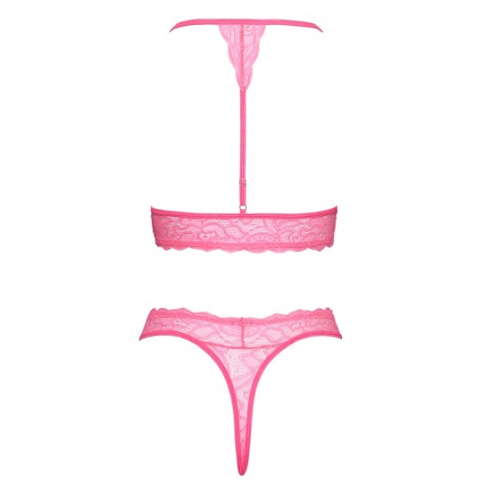 Conjunto de sutiã e tanga sem aro com decote halterRenda delicada em uma cor chamativa: rosa neonInserção de renda nas costasAlça traseira ajustávelMacio e elástico para um ajuste muito confortável Renda sensual em uma c