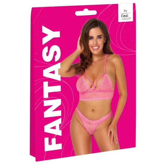 Conjunto de sutiã e tanga sem aro com decote halterRenda delicada em uma cor chamativa: rosa neonInserção de renda nas costasAlça traseira ajustávelMacio e elástico para um ajuste muito confortável Renda sensual em uma c