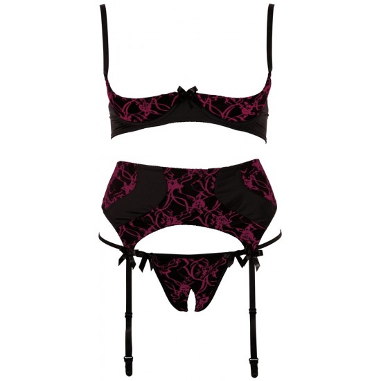 Black set with berry-coloured flock print and decorating bows. Underwired shelf bra with slightly padded cups, hook closure in the back and adjustable straps. Suspender belt with hook closure in the back and adjustable s