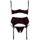 Black set with berry-coloured flock print and decorating bows. Underwired shelf bra with slightly padded cups, hook closure in the back and adjustable straps. Suspender belt with hook closure in the back and adjustable s