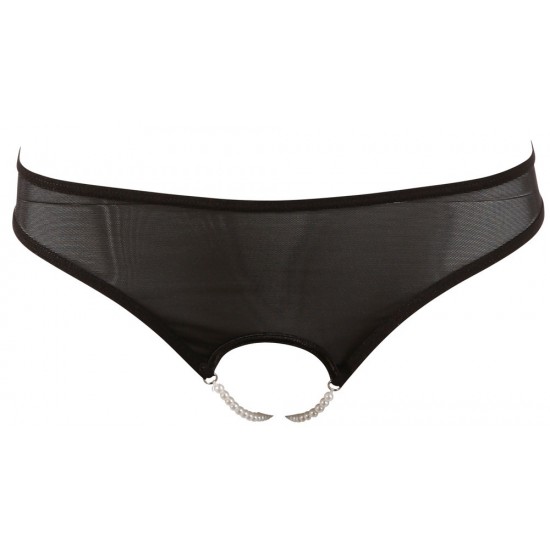 Black power net panties with two white pearl strings in the open crotch area. 90% polyamide, 10% elastane.