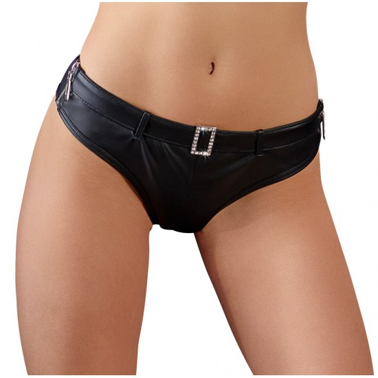 Short black panties with 2 short zips at either side. There is a large buckle at the front with rhinestones on it and there is a ruffled seam over the buttocks. Material: 60% polyurethane, 36% polyester, 4% elastane.