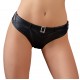 Short black panties with 2 short zips at either side. There is a large buckle at the front with rhinestones on it and there is a ruffled seam over the buttocks. Material: 60% polyurethane, 36% polyester, 4% elastane.