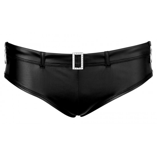 Short black panties with 2 short zips at either side. There is a large buckle at the front with rhinestones on it and there is a ruffled seam over the buttocks. Material: 60% polyurethane, 36% polyester, 4% elastane.