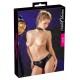 Short black panties with 2 short zips at either side. There is a large buckle at the front with rhinestones on it and there is a ruffled seam over the buttocks. Material: 60% polyurethane, 36% polyester, 4% elastane.