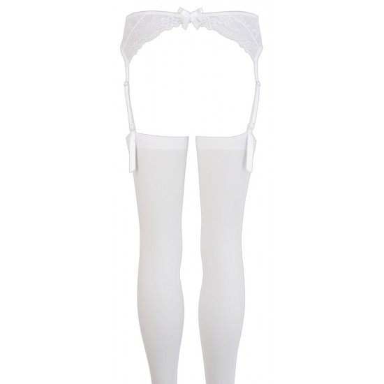 Ligueiro branco com laço e alças ajustáveis. Meias brancas simples incluídas. 100% de poliamida.
