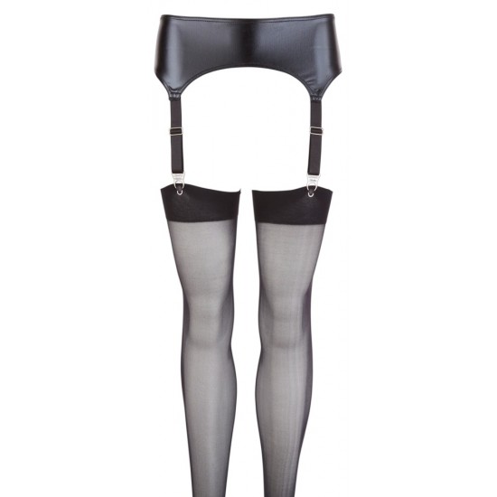 Black wetlook suspender belt and matching stockings in a set. Belt: 92% polyester, 8% elastane. Stockings: 100% polyamide.