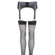 Black wetlook suspender belt and matching stockings in a set. Belt: 92% polyester, 8% elastane. Stockings: 100% polyamide.