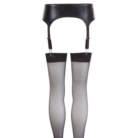 Black wetlook suspender belt and matching stockings in a set. Belt: 92% polyester, 8% elastane. Stockings: 100% polyamide.