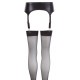 Black wetlook suspender belt and matching stockings in a set. Belt: 92% polyester, 8% elastane. Stockings: 100% polyamide.