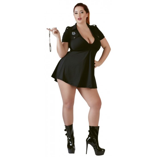 Police officer mini dress with a collar, pockets and epaulettes. Extremely low cut in the cleavage area! Black. 92% polyester, 8% elastane.