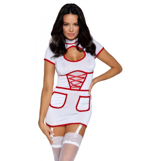 Fantasia de enfermeira sexy para jogos de médico!Vestido curto semitransparente, branco, suspensório, em um look de enfermeira por Cottelli COSTUMES com detalhes contrastantes em vermelho. Elástico em todo o corpo em um
