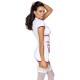 Fantasia de enfermeira sexy para jogos de médico!Vestido curto semitransparente, branco, suspensório, em um look de enfermeira por Cottelli COSTUMES com detalhes contrastantes em vermelho. Elástico em todo o corpo em um