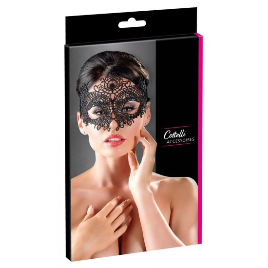 Torne as suas aventuras eróticas mais misteriosas!Máscara sedutora simétrica com padrões bordados e fitas para ajustar o aperto atrás em cor preta.Prepare-se para viver excitantes momentos com a sua cara metade.