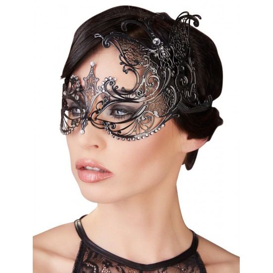 Black metal mask with holes for the eyes and an elastic band at the back. Decorated with glittery rhinestones.
