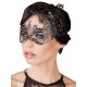 Black metal mask with holes for the eyes and an elastic band at the back. Decorated with glittery rhinestones.