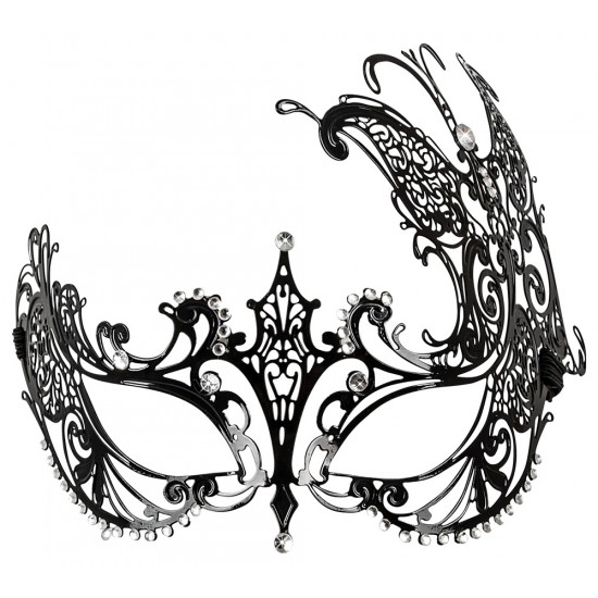 Black metal mask with holes for the eyes and an elastic band at the back. Decorated with glittery rhinestones.