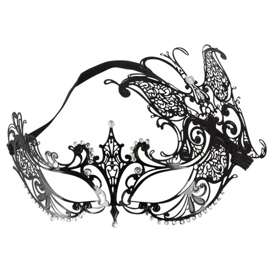 Black metal mask with holes for the eyes and an elastic band at the back. Decorated with glittery rhinestones.