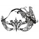 Black metal mask with holes for the eyes and an elastic band at the back. Decorated with glittery rhinestones.
