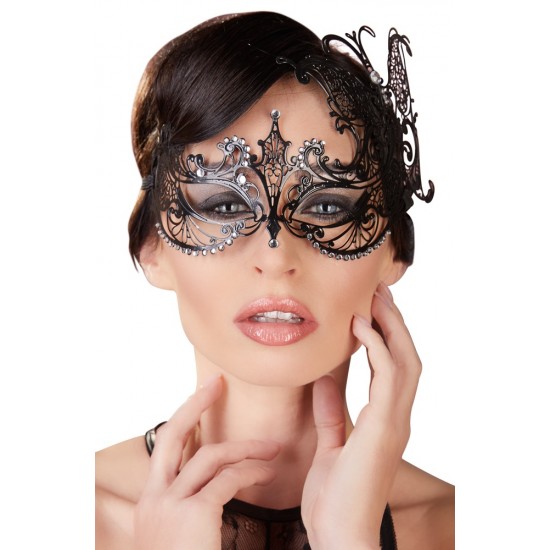 Black metal mask with holes for the eyes and an elastic band at the back. Decorated with glittery rhinestones.