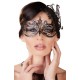 Black metal mask with holes for the eyes and an elastic band at the back. Decorated with glittery rhinestones.