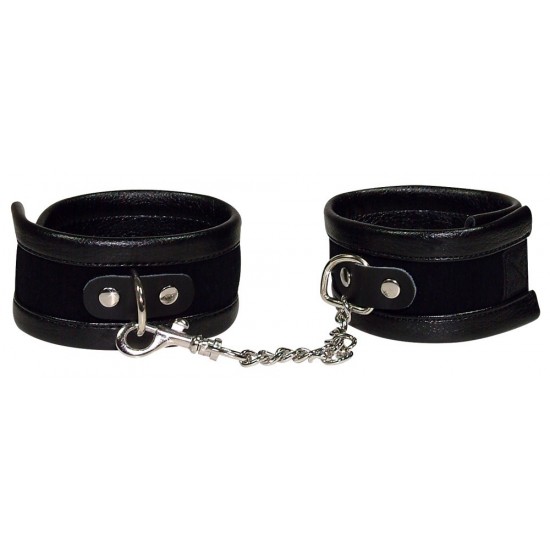 Para jogos de bondage e prazer intenso.
Algemas para pés (30 x 5 cm) feitos de couro com acabamento de imitação de pele. Com velcro e uma correia de ligação de 10 cm.
Material: couro e poliuretano
​​Cor: preto