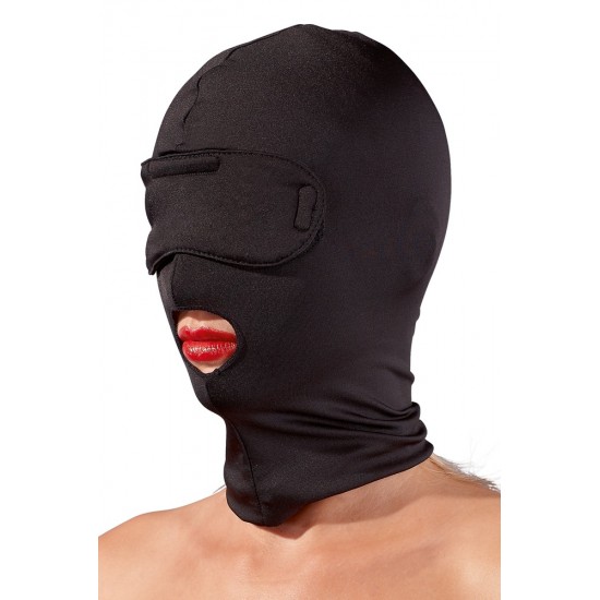 Black mask that includes a blindfold, which can be removed extremely easily because of the hook and loop fasteners at either side.The mask is made out of soft microfibre and adapts to any head size, thanks to the flexibl
