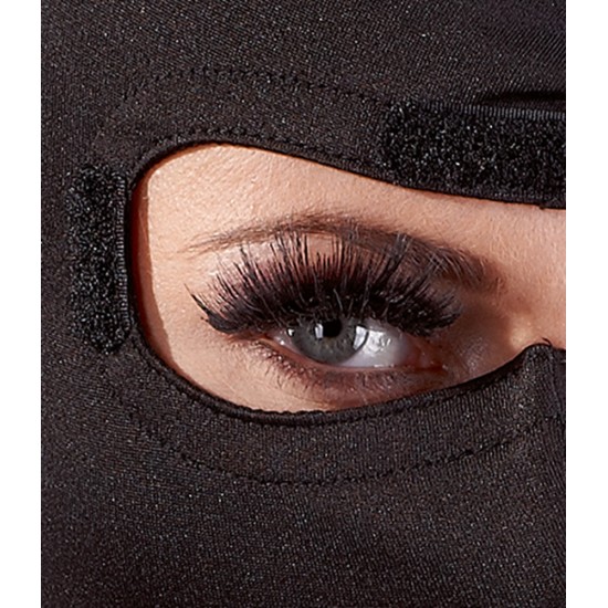 Black mask that includes a blindfold, which can be removed extremely easily because of the hook and loop fasteners at either side.The mask is made out of soft microfibre and adapts to any head size, thanks to the flexibl