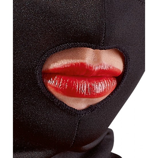 Black mask that includes a blindfold, which can be removed extremely easily because of the hook and loop fasteners at either side.The mask is made out of soft microfibre and adapts to any head size, thanks to the flexibl