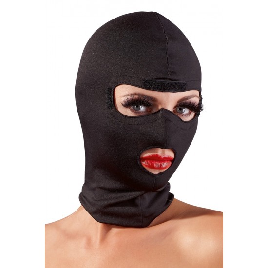 Black mask that includes a blindfold, which can be removed extremely easily because of the hook and loop fasteners at either side.The mask is made out of soft microfibre and adapts to any head size, thanks to the flexibl