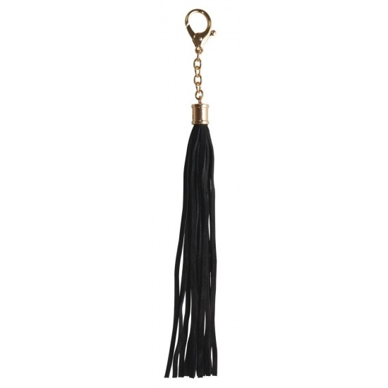 Mini whip with soft velour tails and a snap hook. Joined together with metal. Black/sliver-coloured. Complete length including hanging loop approx. 26 cm. Material: split leather, metal.