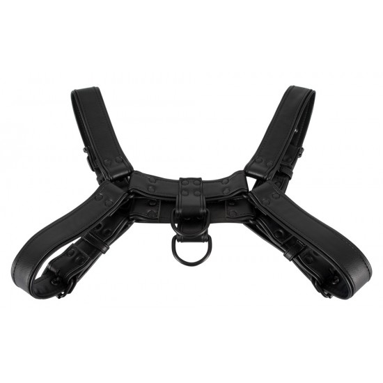Sturdy padded chest harness in a leather look. With D-rings at the front and the back. There are buckle fasteners at the back for adjusting the harness. Lower chest length 101-120 cm. Black. PU, metal.
