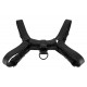 Sturdy padded chest harness in a leather look. With D-rings at the front and the back. There are buckle fasteners at the back for adjusting the harness. Lower chest length 101-120 cm. Black. PU, metal.