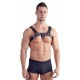 Sturdy padded chest harness in a leather look. With D-rings at the front and the back. There are buckle fasteners at the back for adjusting the harness. Lower chest length 101-120 cm. Black. PU, metal.