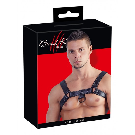 Sturdy padded chest harness in a leather look. With D-rings at the front and the back. There are buckle fasteners at the back for adjusting the harness. Lower chest length 101-120 cm. Black. PU, metal.