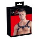 Sturdy padded chest harness in a leather look. With D-rings at the front and the back. There are buckle fasteners at the back for adjusting the harness. Lower chest length 101-120 cm. Black. PU, metal.
