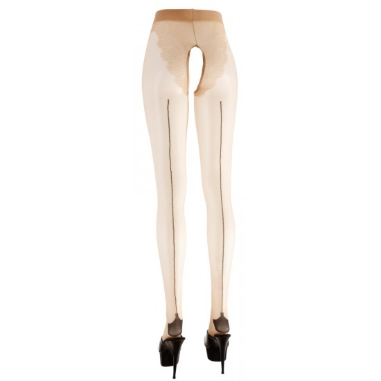 Nude open crotch tights with a black back seam. Features mock briefs top and cuban heel. Oeko-Tex certified fabric. 86% polyamide, 14% elastane.