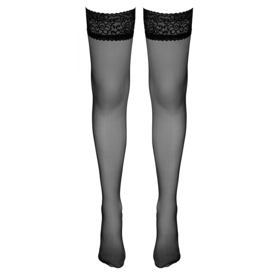 Satin sheer stretch quality. Black. With pre-shaped foot and slip-resistant lace top. Oeko-Tex certified fabric. 90% polyamide, 10% elastane.