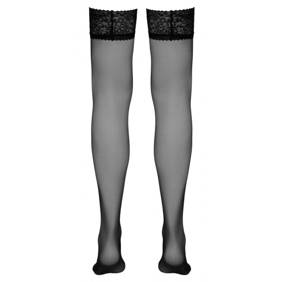 Satin sheer stretch quality. Black. With pre-shaped foot and slip-resistant lace top. Oeko-Tex certified fabric. 90% polyamide, 10% elastane.