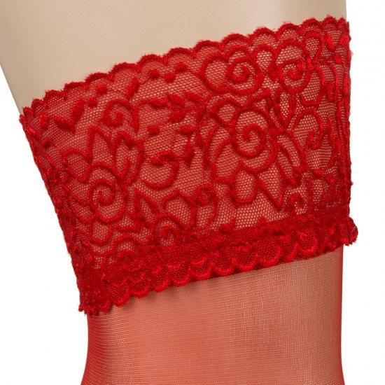 Shiny satin sheers, stretch-quality with lace top. Colour: red. Oeko-Tex certified fabric. 90% polyamide, 10% elastane.